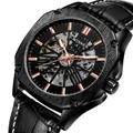 Montre mécanique automatique squelette T-WINNER pour homme avec bracelet en cuir noir véritable - Cœur Argenté Aiguilles Or Rose Boîtier Noir Bracelet Noir