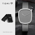 Μινιμαλιστικό ρολόι χαλαζία TOMI σε σχήμα βότσαλου με μαύρο δερμάτινο λουράκι - Μαύρο Λουράκι / Ασημί Κάσα Γκρι Καντράν (T077-4)