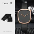 TOMI μινιμαλιστικό τετράγωνο ρολόι χαλαζία με θήκη σε ροζ χρυσό και μαύρο δερμάτινο λουράκι - Μαύρο Λουράκι / Ροζ Χρυσή Κάσα Μαύρο Καντράν (T077-5)