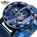 Montre mécanique squelette Winner bleue pour homme avec bracelet en maille et strass - Bracelet Bleu Boîtier Bleu Cadran Bleu