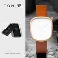Minimalistische TOMI Quarzuhr mit hellbraunem Lederband und stilvollem Goldgehäuse. - Roségold Gehäuse Weißes Zifferblatt (T077-6)