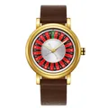 Vue détaillée d'une montre à quartz pour homme avec cadran au design roulette unique - Style Bracelet Marron Boîtier Doré Cadran Argent (QT918)