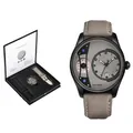 Gros plan d'une montre homme au cadran unique avec son coffret cadeau de luxe - Coffret Cadeau (Comprend un Bracelet de Rechange) / Boîtier Noir Cadran Gris Bracelet Gris