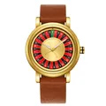 Vue détaillée d'une montre à quartz dorée avec un cadran au design roulette créatif. - Style Bracelet Marron Clair Boîtier Doré Cadran Doré (QT918)