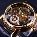 Close-up of Forsining gold automatic skeleton watch with intricate movement and black leather strap - Gold Case Black Dial