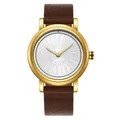Vue de face d'une montre à quartz dorée avec un cadran créatif imprimé - Style Bracelet Marron Boîtier Doré Cadran Argent (QT920)