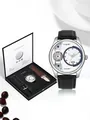 Coffret montre homme TOMI de luxe avec bracelet en cuir noir et boîte cadeau élégante pour affaires - Coffret Cadeau (Comprend un Bracelet de Rechange) / Boîtier Argenté Cadran Blanc Bracelet Noir