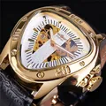 Montre automatique pour homme avec boîtier triangulaire doré unique et bracelet en cuir - Boîtier Or Cadran Blanc