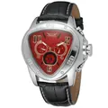 Close-up detail of JARAGAR men's triangular automatic mechanical watch with red dial - Red