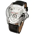 Detailed view of Jaragar men's triangular silver mechanical watch with black leather strap. - White