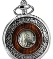 Montre à gousset mécanique vintage avec cadre en acier inoxydable gravé et incrustation bois. - Argent
