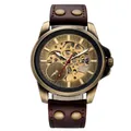 Men's vintage bronze mechanical watch featuring a skeleton dial and brown riveted leather strap - Thick Leather Rivet / Brown