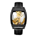 Gros plan sur la montre automatique squelette Shenhua pour homme avec bracelet en cuir - Bracelet Noir Boîtier Noir (MG104)