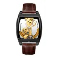Vue détaillée du mouvement automatique squelette doré d'une montre rectangulaire noire - Bracelet Marron Boîtier Noir (MG104)