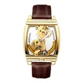 Détail d'une montre mécanique automatique squelette dorée de luxe avec cuir marron - Bracelet Marron Boîtier Doré (MG105)