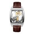 Vue macro détaillée d'une montre mécanique automatique carrée avec bracelet en cuir - Bracelet Marron Boîtier Argenté (MG106)