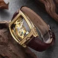 Montre squelette mécanique de luxe avec boîtier doré et bracelet en cuir marron. - Marron (MG108)