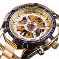Montre mécanique automatique Forsining pour hommes avec finition dorée et cadran squelette - Boîtier Or Lettre Blanche