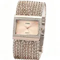 Elegante reloj de cuarzo para mujer en oro rosa con bisel rectangular de diamantes de imitación - Rosa oro