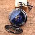 Montre à gousset mécanique noir fusil avec chiffres romains bleus et cadran ajouré - Engrenage Gris Fusil Cadran Bleu