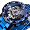 Montre mécanique squelette Forsining bleue pour homme avec lunette ornée de strass - Bracelet Bleu Cadran Noir