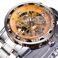 Montre mécanique FORSINING pour homme avec cadran squelette et lunette en strass - Bracelet Bicolore Cadran Doré