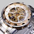Montre automatique squelette de luxe FORSINING avec strass dorés et acier inox - Bracelet Bicolore Cadran Blanc
