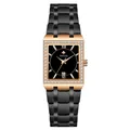 Montre à quartz carrée WWOOR pour femme avec strass et bracelet en acier noir luxe - Boîtier Or Rose Cadran Noir Bracelet Noir