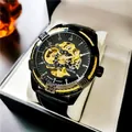 Luxuriöse Sewor automatische mechanische Skelettuhr mit schwarzem Lederband und Goldwerk - Schwarzes Armband Schwarzes Gehäuse Schwarzes Zifferblatt