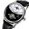 Montre automatique de luxe Forsining pour homme avec cadran phase de lune et bracelet en cuir - Cadran Noir Blanc Boîtier Argent Bracelet Noir
