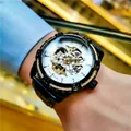SEWOR Herren Automatik-Skelettuhr mit großem Zifferblatt und schwarzem Lederarmband - Schwarzes Band Schwarzes Gehäuse Weißes Zifferblatt