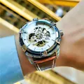 Hochwertige SEWOR Herren-Automatik-Skelettuhr mit braunem Lederarmband und Silbergehäuse - Braunes Band Silbergehäuse Weißes Zifferblatt