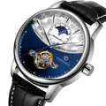 Montre mécanique automatique FORSINING pour hommes avec phase de lune et cuir noir - Cadran Bleu Blanc Boîtier Argent Bracelet Noir