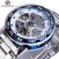 Montre mécanique squelette de luxe Forsining pour homme en argent et bleu strass - Bracelet Argent Boîtier Bleu Cadran Blanc