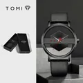 Reloj TOMI de diseño hueco minimalista con esfera transparente y correa de cuero - Caja Negra Correa Negra / Negro (T100-1)
