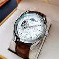 Automatisch skelet mechanisch horloge voor heren met maanfase en bruine lederen band - Bruine Band Zilveren Kast Witte Wijzerplaat