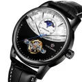 Montre mécanique automatique FORSINING pour hommes avec phase de lune et cuir noir - Cadran Noir Blanc Clous Argent Boîtier Noir Bracelet Noir