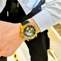 Luxuriöse SEWOR Herren Automatikuhr mit goldenem Skelett-Zifferblatt und Lederarmband - Schwarzes Armband Goldgehäuse Schwarzes Zifferblatt