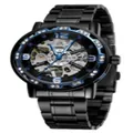 Montre mécanique squelette Forsining pour homme en acier noir avec lunette strass bleu - Bracelet Noir Boîtier Bleu