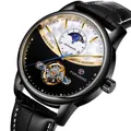 Montre automatique FORSINING pour homme avec phase de lune et bracelet en cuir noir - Cadran Noir Blanc Clous Or Boîtier Noir Bracelet Noir