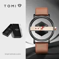 Reloj de moda TOMI unisex minimalista con diseño de esqueleto y correa de cuero marrón - Caja Negra Correa Marrón / Negro (T100-2)