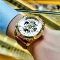 Luxuriöse SEWOR Automatik-Skelettuhr mit goldener Hülle und braunem Lederarmband - Braunes Armband Goldgehäuse Weißes Zifferblatt
