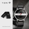 Reloj de esqueleto TOMI minimalista con esfera transparente y correa de cuero negro - Caja Plateada Correa Negra / Blanco (T100-3)