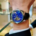 Automatisch mechanisch horloge met blauwe wijzerplaat, maanfase en zwarte lederen band - Zwarte Band Zilveren Kast Blauwe Wijzerplaat