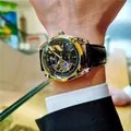 Elegant zwart automatisch mechanisch skelet horloge met zon-maanfase en lederen band - Zwarte Band Gouden Kast Zwarte Wijzerplaat