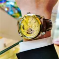 Heren automatisch mechanisch skelet horloge met gouden wijzerplaat en lederen band. - Bruine Band Two-tone Kast Goud Wijzerplaat