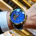 Automatisch mechanisch herenhorloge met blauwe wijzerplaat, maanfase en lederen band - Between Black Belt gold shell blue face