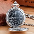 Vintage polierte silberne Taschenuhr mit Klappdeckel, schwarzem römischem Zifferblatt - Glatte Römische Schwarze Zifferblatt Taillenkette (P200) / L / Silber