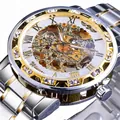 Winner luxury men's skeleton mechanical watch with silver gold strap and crystals - White Dial Two-Tone (W614) / Gold & Silver