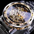 Winner men's luxury skeleton mechanical watch with rhinestone bezel and gold movement - Black Band Gold Case Black Dial (W614)